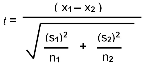 <p>t=x1 minus x2 divided by the square root of s1 squared divided by n1 plus s2 squared divided by n2</p>