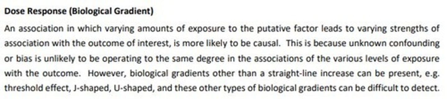 <p>An association in which varying amounts of exposure to the factor leads to varying strengths of association with outcome of interest – is more likely to be causal</p>