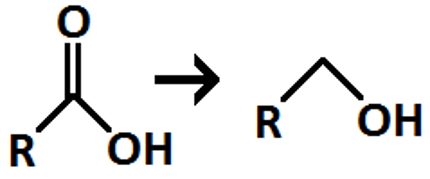 <p>LiAlH4/ H+ reduces a carboxylic acid to primary alcohol</p>