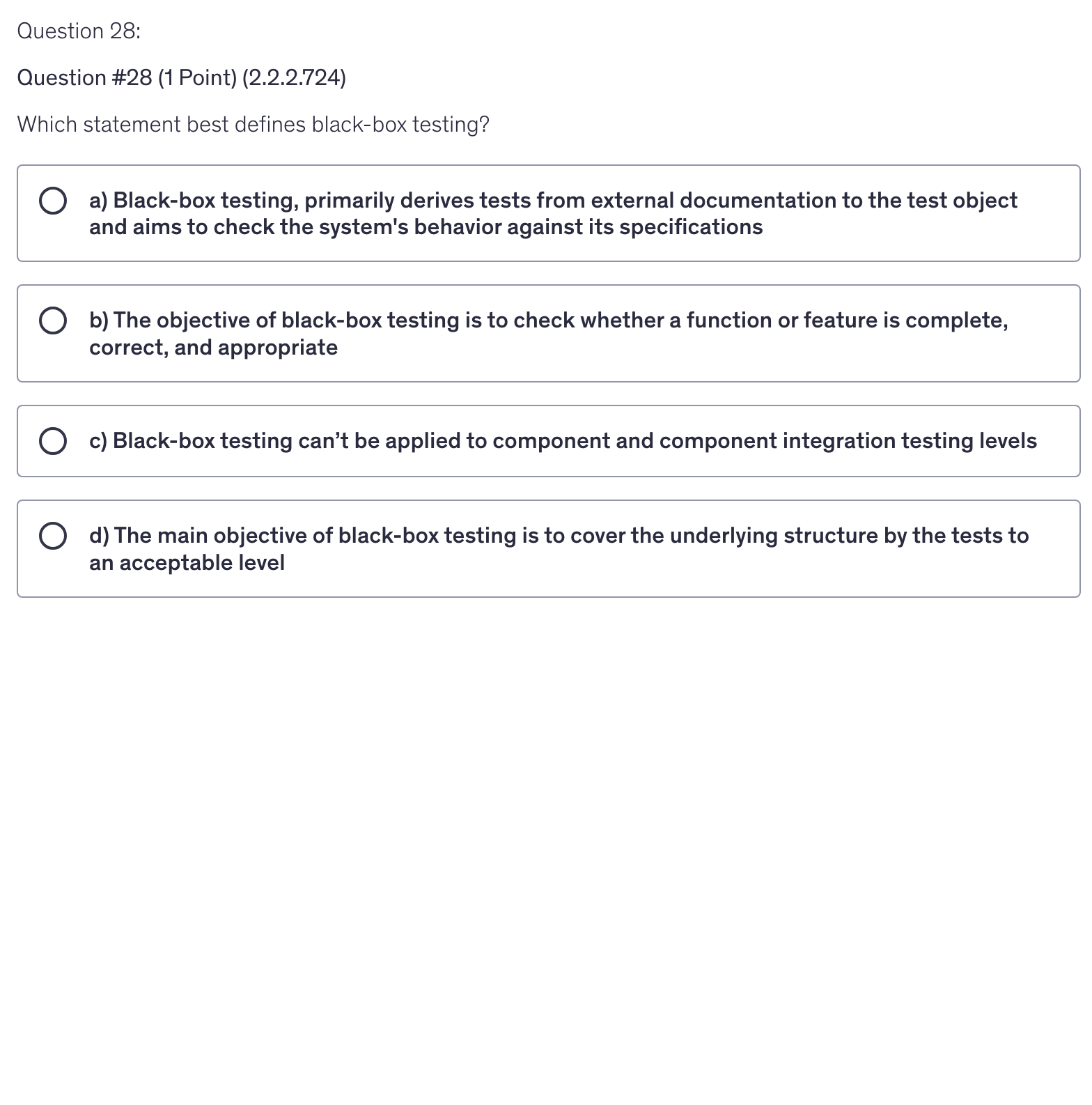 <p>Which statement best defines black-box testing?</p>