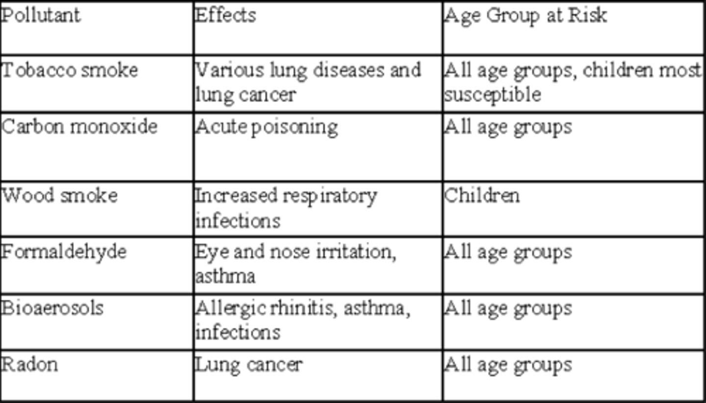 <p>Furniture, Carpets, foam insulation, pressed wood produce VOCs</p><p>Tobacco Smoke: Toxic and carcinogenic</p><p>Old Paint: Lead</p><p>Floor &amp; ceiling tiles, &amp; pipe insulation: Asbestos</p><p>Rocks and soil beneath house: Radon</p><p>Household Products, pesticides, paints, cleaning fluids: VOCs &amp; other compounds.</p><p>Fireplaces, wood stoves: Particulate Matter</p><p>Leaky or unvented gas or wood stoves and furnaces, running cars left running: CO.</p>