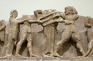 <p>Delphi, Siphnian Treasury: East Pediment - Struggle over the Delphic Tripod, c. 525 BCE</p>