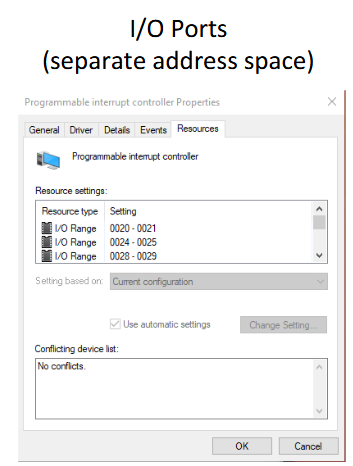 <ul><li><p>Utilized by kernel device drivers for reading/writing for:</p><ul><li><p>Configuration / initialization (control register)</p></li><li><p>Read/write data</p></li><li><p>Check status of device (status register)</p></li></ul></li><li><p>Used for communication with CPU with I/O Ports</p></li></ul><p></p>