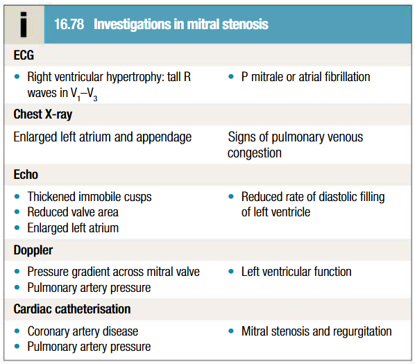 <ul><li><p>ECG</p></li><li><p>CXR: Calcification of the annulus of mitral valve, double atrial shadow, elevation of left bronchus, impingement on esophagus. Stag antler’s sign or Inverted moustache sign in pulmonary hypertension</p></li><li><p>Echocardiography</p></li><li><p>Doppler</p></li><li><p>Cardiac catheterisation</p></li></ul><p></p>