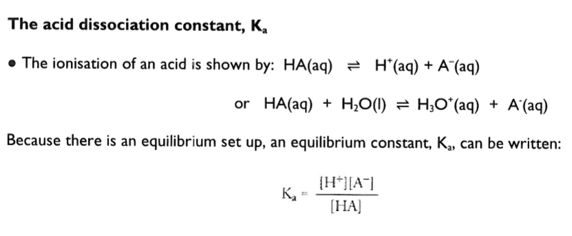 <ul><li><p>when using a burette, volumes should be recorded to 2 decimal places with the second figure being 0 or 5 only </p></li><li><p>titrations should always be repeated until concordant results are obtained </p></li><li><p>the K<sub>a</sub> value is an indication of acid strength. The larger the value of the K<sub>a</sub>, the stronger the acid</p></li><li><p>the K<sub>a</sub> of a weak acid can be measured be titrating a known volume of the acid against sodium hydroxide using phenolpthalein as an indicator. A further equal volume of acid is then added, and the pH of the resulting solution is measured. Because effectively half of the acid has been titrated:</p></li><li><p>[Ha]=[A<sup>-</sup>] so [A<sup>-</sup>] and [HA] can be cancelled in the K<sub>a</sub> expression </p></li><li><p>so K<sub>a</sub> = [H<sup>+</sup>]</p></li><li><p>the pH value of the combined solutions can be converted to [H<sup>+</sup>] to give a K<sub>a</sub> value</p></li></ul><p></p>