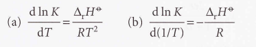 An expression for the slope of a plot of the equilibrium constant as a function of temperature.