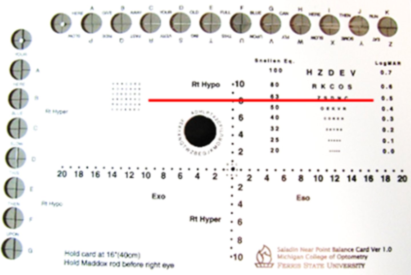 <p>When using the Saladin card with the Maddox rod over OS, the patient sees the following. What is their phoria?</p>