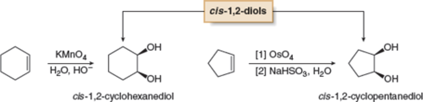 <p>KMnO4, OH- (COLD)</p><p>OR</p><p>OsO4, tBuOOH, OH-</p><p>Syn addition</p>