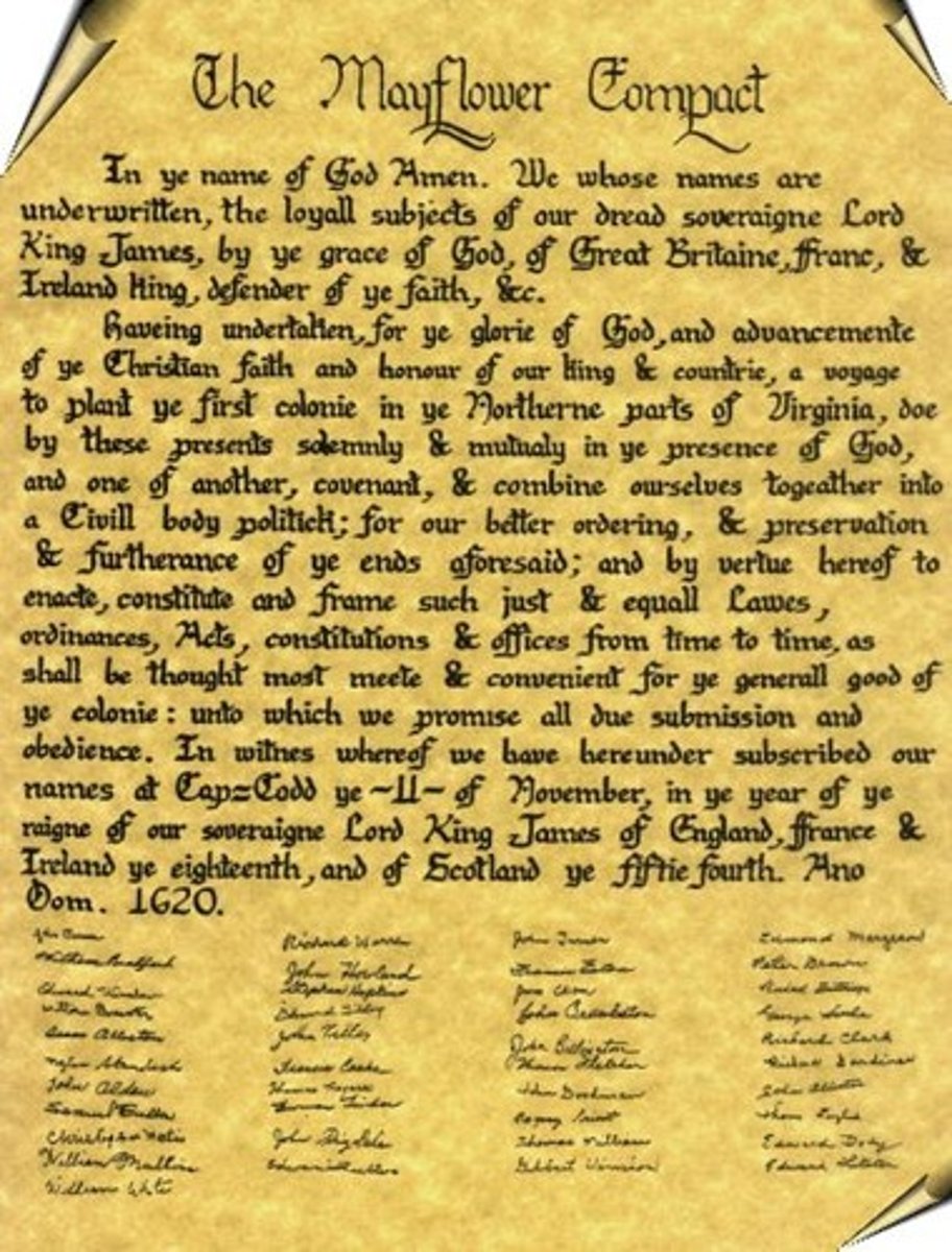 <p>In 1620, while they were sailing to America on the Mayflower, the Pilgrims created this document that pledged them to make decisions by the will of the majority. It was a rudimentary written constitution. (p. 27)</p>
