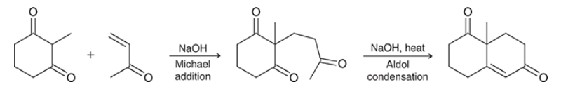 <p>two-step method to form a ring in which Michael addition is followed by intramolecular aldol condensation</p><p>often used for synthesis of polycyclic compounds</p>