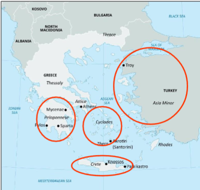 <p><strong><span>The island of Crete:</span></strong><span> the homeland of&nbsp;</span><br><span>the Minoan culture.&nbsp;</span><br><span>• </span><strong><span>The Peloponnese Peninsula</span></strong><span> and&nbsp;</span><br><strong><span>Central Greece: </span></strong><span>where the Mycenaean&nbsp;</span><br><span>societies developed.&nbsp;</span><br><span>• T</span><strong><span>he islands of the Cyclades.&nbsp;</span><br><span>• Asia Minor, in western Turkey</span></strong></p><p><span>The Peloponnese Peninsula and Crete:&nbsp;</span><br><span>varied topography with high&nbsp;</span><br><span>mountain peaks and small open&nbsp;</span><br><span>plains.&nbsp;</span></p><p></p>