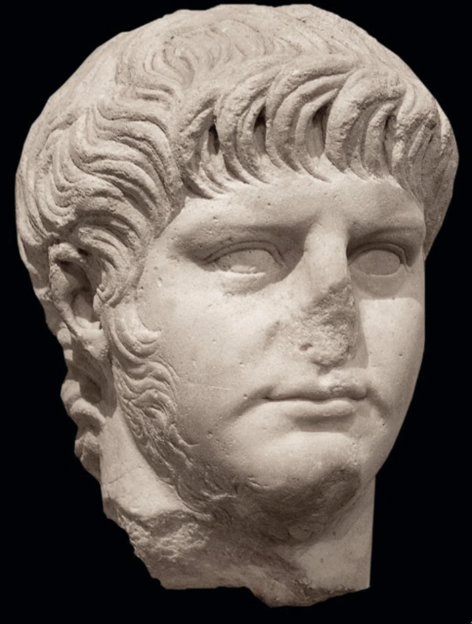 from palatine hill, rome, 59-64 CE made of marble, here we see that -nero's portraits have realistic depictions of hair and flesh 