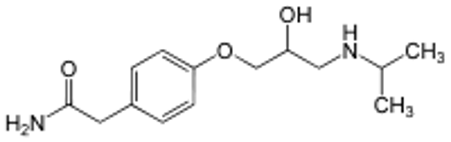 <p><strong>Brand: </strong>Tenormin</p><p><strong>Class: </strong>Beta blocker</p><p><strong>MOA:</strong> selectively blocks beta1-receptors with little or no effect on beta2-receptors except at high doses</p>