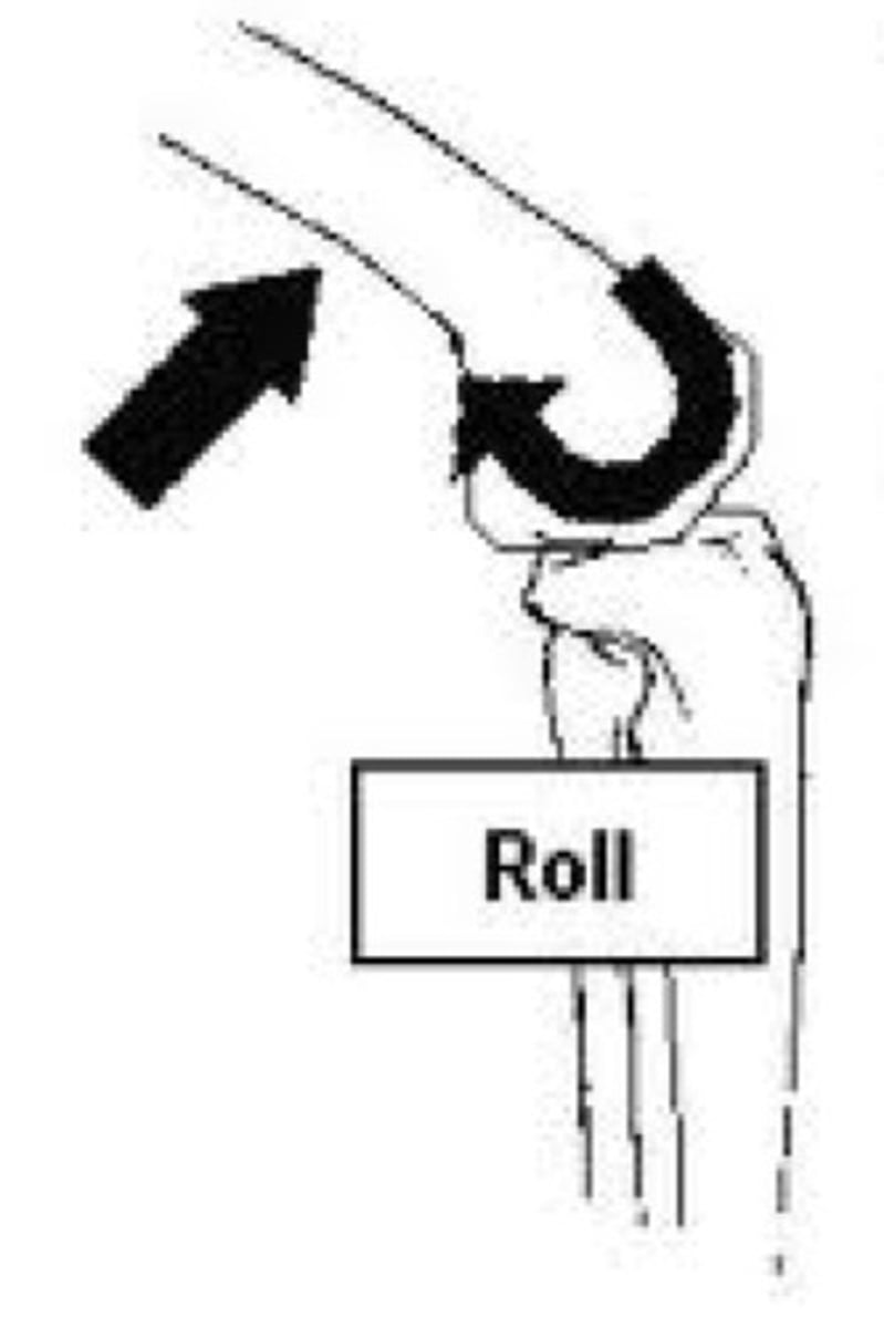 <p>multiple points along 1 rotating articular surface contact multiple points on another articular surface<br><br>1 bone rolling on another <br>ex: in shoulder abduction, the humeral head rolls superiorly in the glenoid fossa</p>