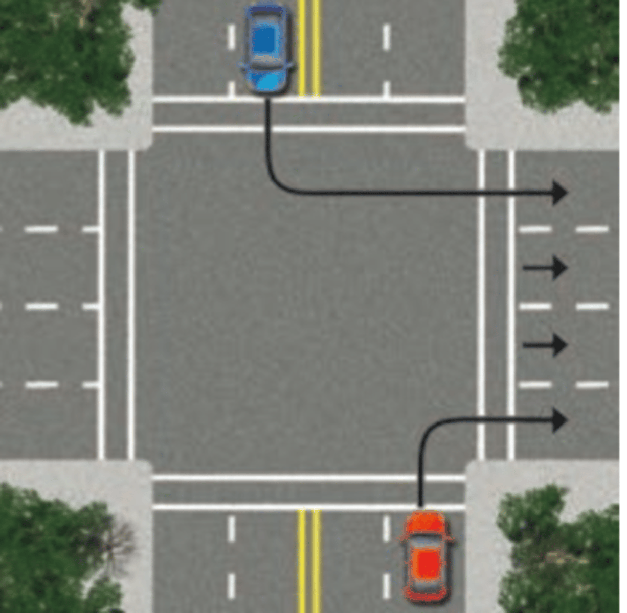 <p>in the left lane of the street</p>