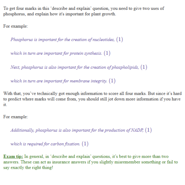 <p><span style="background-color: transparent;"><strong><span>i) ANY 4</span></strong></span></p><p><span style="background-color: transparent;"><span>- Creation of nucleotides for DNA/rRNA/mRNA;</span></span></p><p><span style="background-color: transparent;"><span>- (Required for) protein synthesis/ cell division.</span></span></p><p><span style="background-color: transparent;"><span>-Make phospholipids</span></span></p><p><span style="background-color: transparent;"><span>-Membrane integrity in cells</span></span></p><p><span style="background-color: transparent;"><span>-Make NADP/RuBP</span></span></p><p><span style="background-color: transparent;"><span>- carbon fixation</span></span></p><p><br></p>
