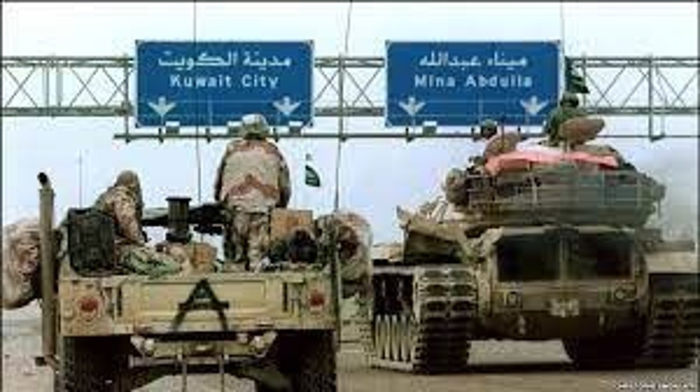 <p>Saddam Hussein's invasion of Kuwait to take its oil.</p>