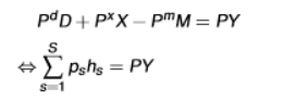 <ul><li><p>the first equation could be rewritten as: P<sup>d</sup>D + P<sup>x</sup>X = PY + P<sup>m</sup>M</p></li><li><p><em>hs = ds + xs - ms</em></p></li><li><p>as<em> hs </em>represent actual real quantities (eg a kilo of apples), it is easier to construct a price index <em>P</em> (and therefore a real GDP index <em>Y</em>) from the expenditure side<em> </em></p></li></ul><p></p>