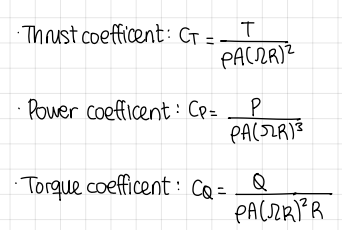 <ul><li><p>thrust coef</p></li><li><p>power coef</p></li><li><p>torque coef</p></li></ul><p></p>