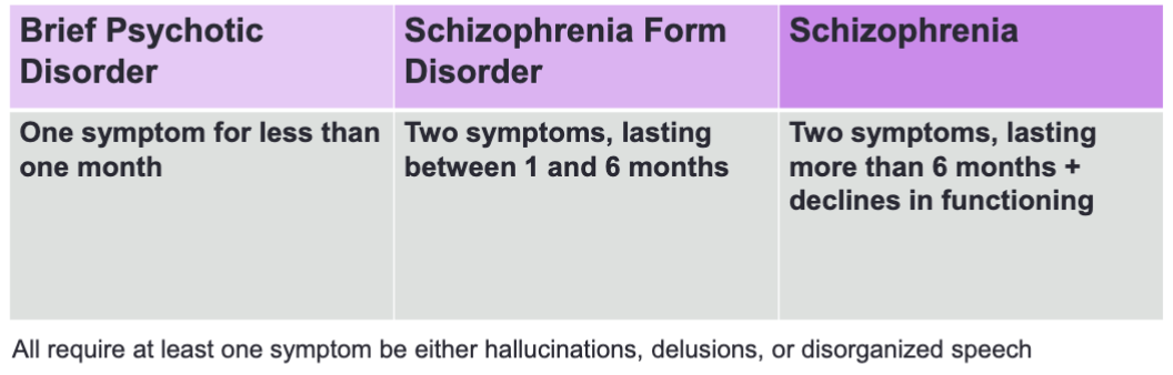 <p>recap: they are primarily differentiated by <strong><u>number and duration of symptoms</u></strong></p><ul><li><p><strong>Brief Psychotic Disorder</strong>: one symptom for less than 1mo</p></li><li><p><strong>Schizophrenia Form Disorder</strong>: two symptoms, lasting between 1-6mo</p></li></ul><ul><li><p><strong>Schizophrenia</strong>: two symptoms, lasting more than 6mo, and declines in functioning</p></li></ul><p>all require at least one symptom be either hallucinations, delusions, or disorganized speech</p><p></p>