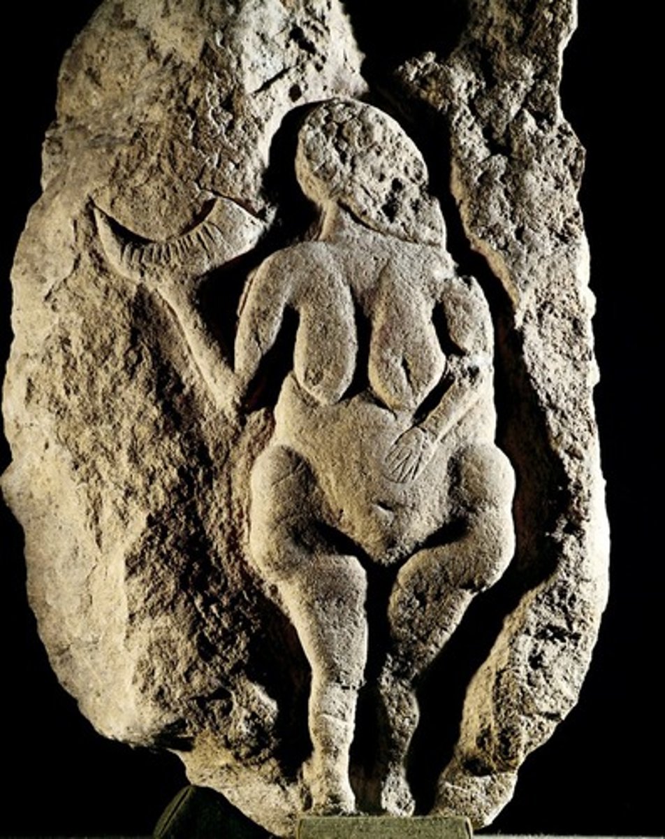 <p>Dordogne, France</p><p>25,000-23,000 BCE</p><p>- limestone relief of a woman holding a bison horn</p><p>- Fertility symbol, part of the "Venus Figurines" tradition</p>