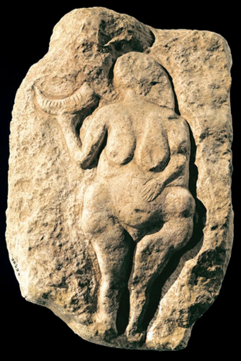 <p>a stone carving of a woman HOLDING AN ANIMAL SCORN where cornucopia came from. the scorn symbolized power over nature</p>