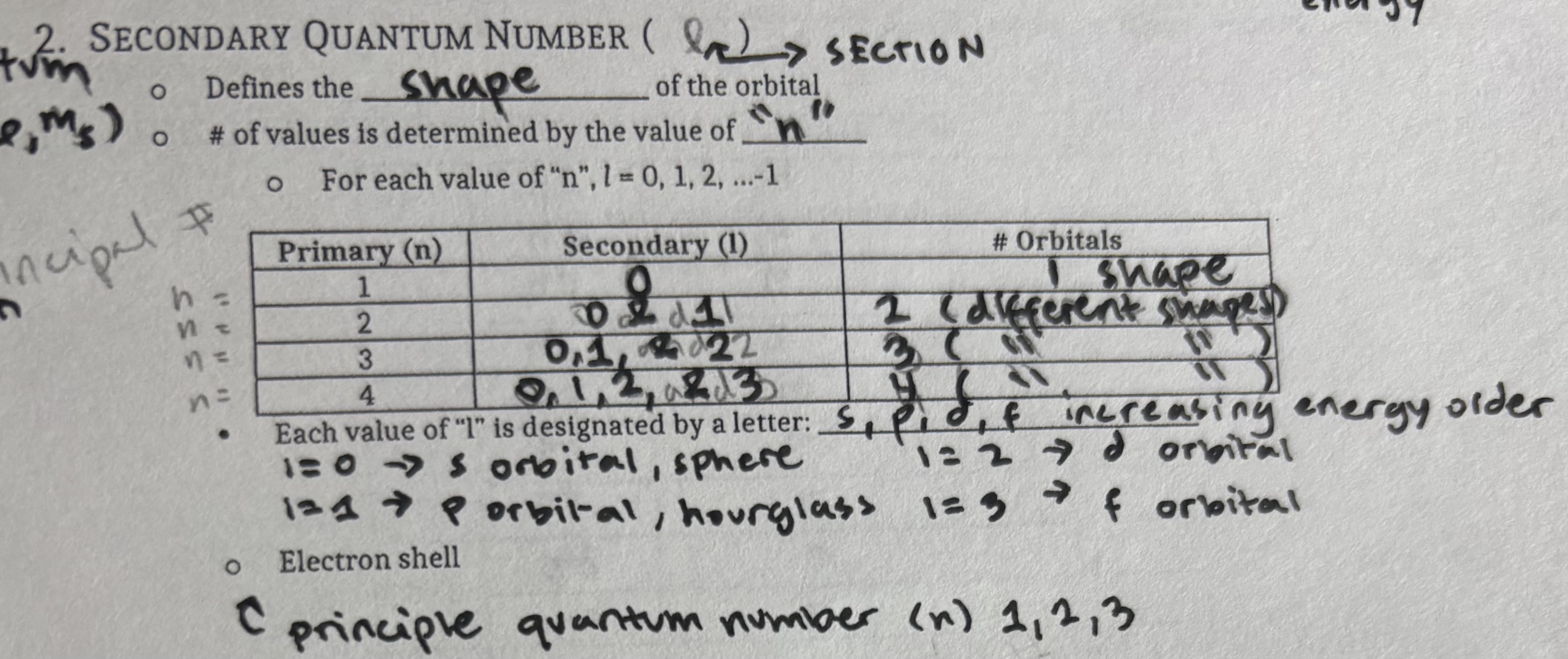 <ul><li><p>Defines shape of the orbital</p></li><li><p># of values is determined by the value ‘n’</p></li><li><p>for each value of ‘n’, l= 0,1,2…-1</p></li><li><p>each value of l is designed by a letter: s,p,d,f</p></li><li><p>L=0 means s orbital, sphere</p></li><li><p>L=1 means p orbital, dumbbell/hourglass</p></li><li><p>L=2 means d orbital, double dumbbell</p></li><li><p>L=3 means f orbital</p></li></ul>