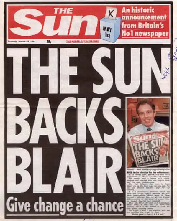 <p>The cover of The Sun being a bold headline of “The Sun Backs Blair”</p>