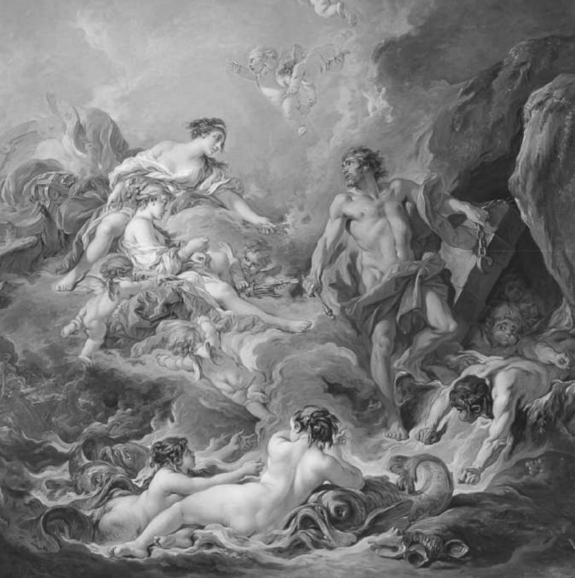 <p>Figure 1.1: Who is the female figure speaking and offering a bride, surrounded by cupids?</p>