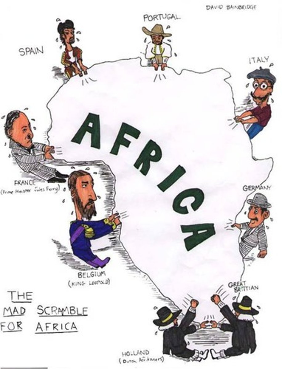 <p>Sudden wave of conquests in Africa by European powers in the 1880s and 1890s. Britain obtained most of eastern Africa, France most of northwestern Africa. Other countries (Germany, Belgium, Portugal, Italy, and Spain) acquired lesser amounts.</p>