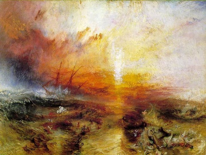 <p>Turner, 1840 Romanticism, England, oil on canvas. The painting shows slaves thrown overboard in a seascape as captains of slave ships would try to collect insurance.</p>