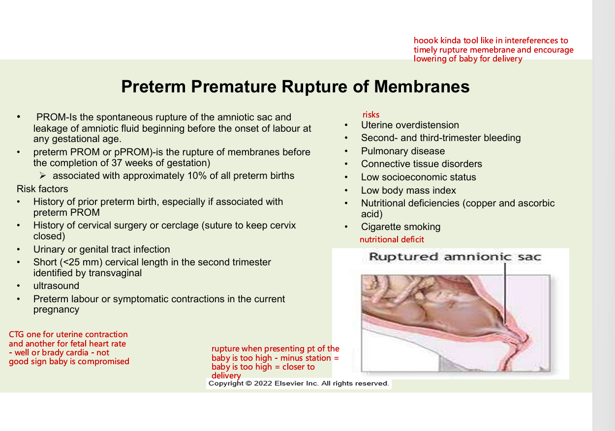 <ul><li><p>history of prior preterm birth, especially if associated with pPROM</p></li><li><p>history of cervical surgery or cerclage (suture to keep cervix closed</p></li><li><p>urinary or gential tract infection</p></li><li><p>short (&lt;25 mm) cervical length in the second trimester identified by transvaginal ultrasound</p></li><li><p>preterm labour or symptomatic contractions in the current pregnancy&nbsp;</p></li><li><p>uterine overdistension</p></li><li><p>second and third trimester bleeding</p></li><li><p>pulmonary disease</p></li><li><p>connective tissue disorder</p></li><li><p>low socio economic status</p></li><li><p>low BMI</p></li><li><p>nutritional deficiencies (copper adn ascorbic acid)&nbsp;</p></li><li><p>cigarette smokking</p></li></ul><p></p>