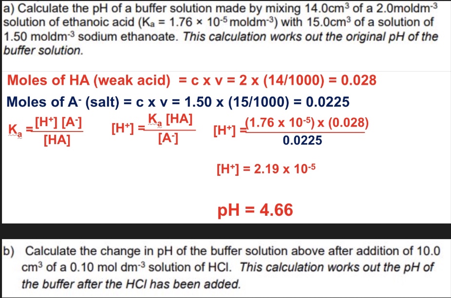 <p>using the info of the buffer solution given, work out the change in pH </p>
