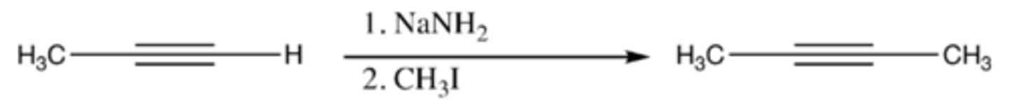 <p>acetylene + (1) NaNH2 (2) R-X</p>