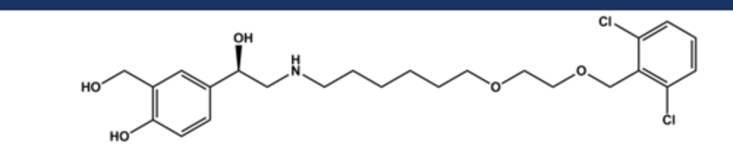 <p>- LABA (long acting β2 agonist)</p><p>- LogP = 4.3+; pKa = 9.4</p><p>- Comparable to salmeterol in structure and profile</p><p>- Long duration of action, ca. 11 hours</p><p>- Not marketed alone but in combination with either an antimuscarinic (as Anoro®) or an antiinflammatory steroid (as Breo®)</p><p>- Use: asthma (not acute), COPD</p>