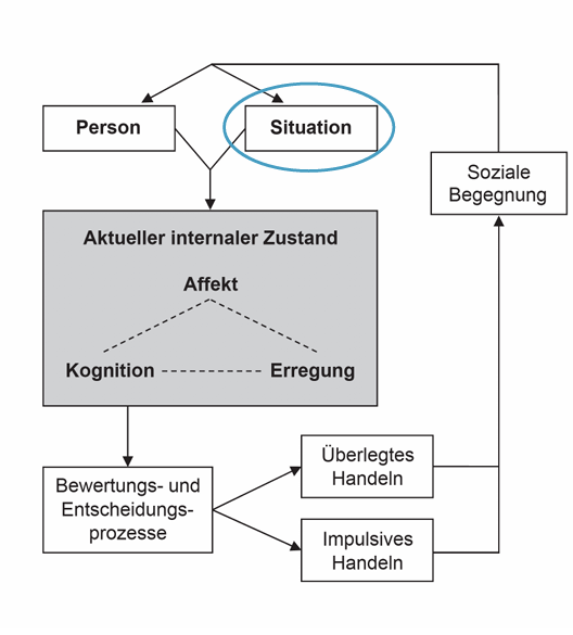 <p>Faktoren der Situation </p><ul><li><p>Verfügbarkeit aggressionsbezogener Hinweisreize in der Umwelt </p></li><li><p>Auftreten von Provokation oder Frustration in der Episode </p></li><li><p>Faktoren wie Hitze, Kälte, Schmerz und Lärm</p></li></ul><p></p>