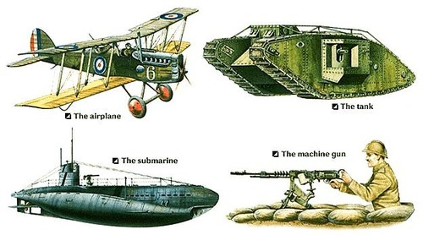 <p>Military technology of the time included important innovations in machine guns, grenades, and artillery, along with essentially new weapons such as submarines, poison gas, warplanes and tanks.World War I popularized the use of the machine gun—capable of bringing down row after row of soldiers from a distance on the battlefield. This weapon, along with barbed wire and mines, made movement across open land both difficult and dangerous.</p>