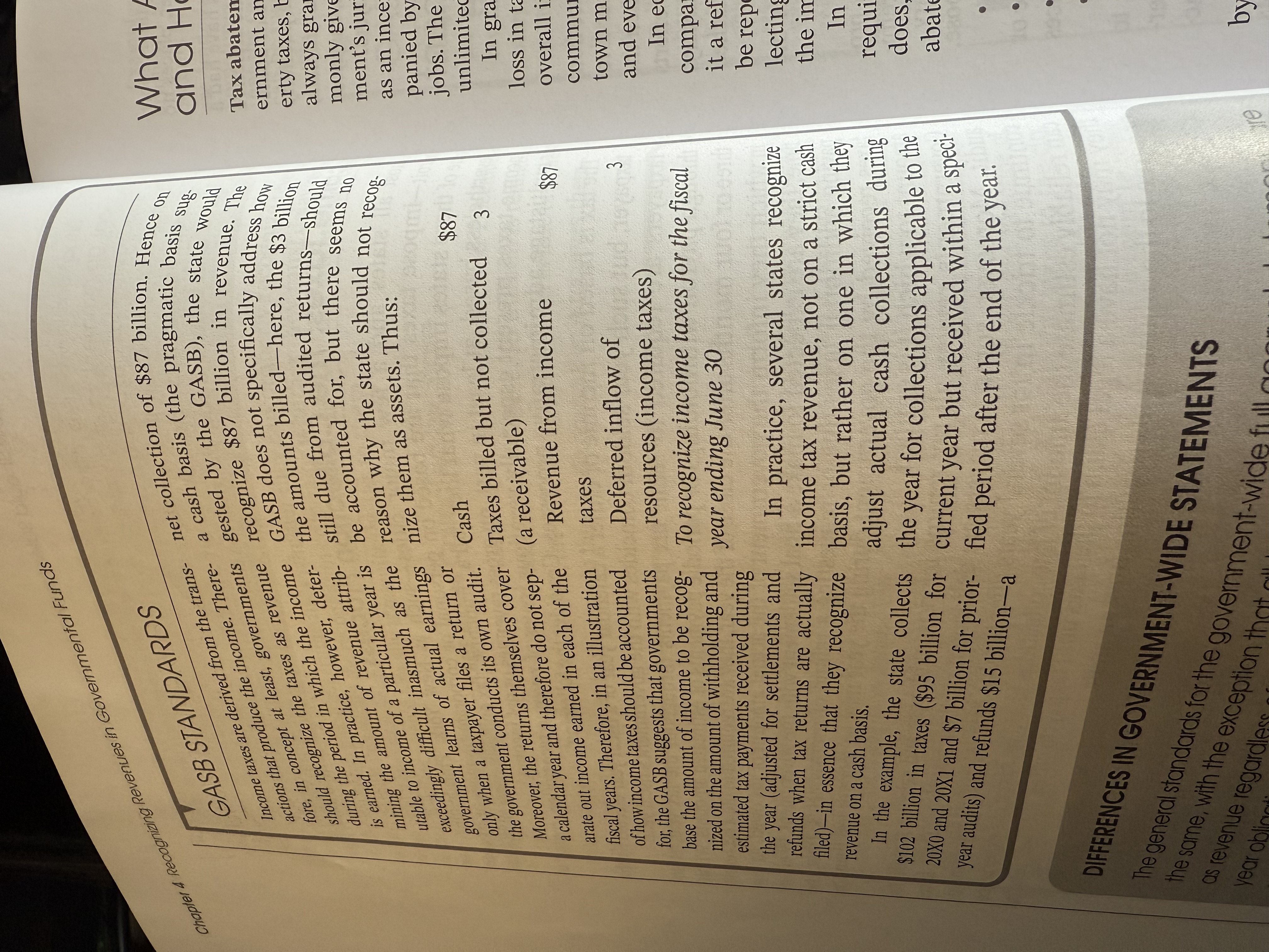 <p>In essence, GASB suggest that they recognize revenue on a cash basis.</p><p>See picture for example:</p>