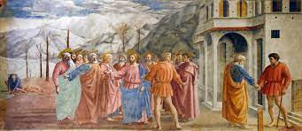 <p>Masaccio<br>The Tribute Money<br>Brancacci Chapel<br>Santa Maria del Carmine<br>Florence<br>1426-1428<br>Fresco</p>