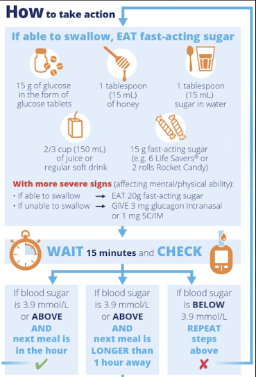 <p>check blood glucose and confirm a low</p><p>consume 15 grams of a simple carbohydrate (important to carry at all times)</p><p>re-check blood glucose in 15 minutes</p><ul><li><p>if still <4 repeat 15 grams of simple carbohydrates</p></li><li><p>if >4 consume a snack that includes a protein to maintain level</p></li></ul><p></p>