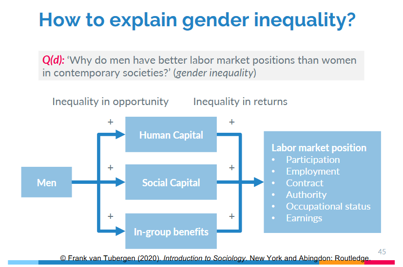 <p>Men generally have more human capital, social capital, in-group benefits (inequality of opportunity), which leads to inequality of returns as they then have a better Labor market position </p>