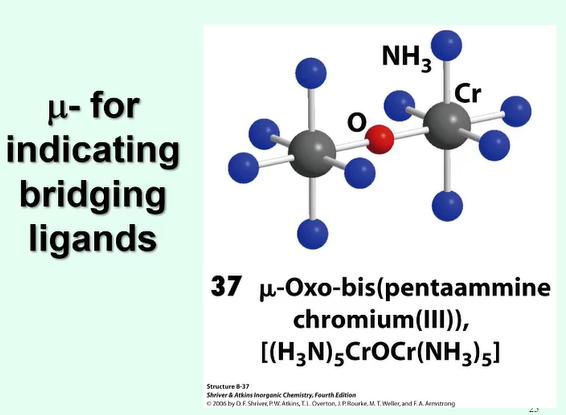 <ul><li><p>μ</p></li><li><p>a bridging ligand is one which connects to two or more atoms, usually the metal ions and is the ‘bridge’ between two metal ions</p></li></ul><p></p>
