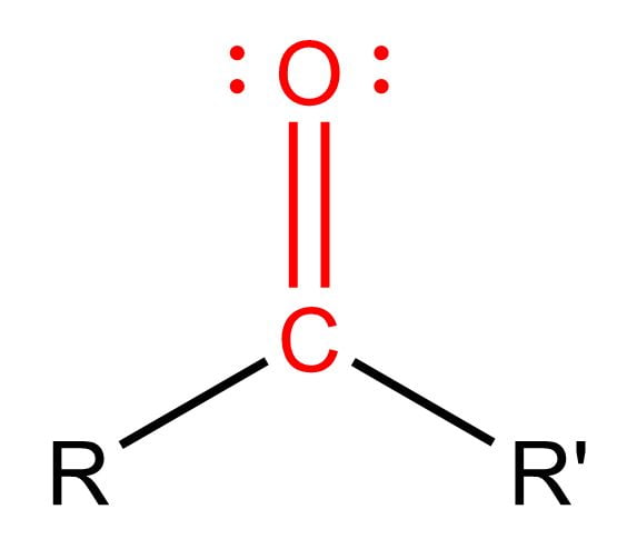 <p>Structural Formula: a carbon atom double-bonded to an oxygen atom (C=O), with 2 available bonds to connect in a carbon chain (found in the middle of a carbon chain)</p><p>Properties: polar</p><p>Examples: acetone, methylethyl ketone, cyclohexanone</p>