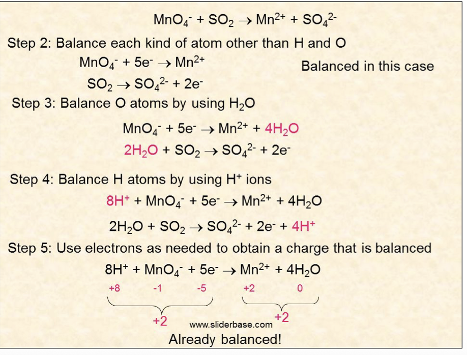 <ol><li><p>balance all species excluding oxygen and hydrogen </p></li><li><p>balance oxygen using H<sub>2</sub>O</p></li><li><p>balance hydrogen using H<sup>+</sup> ions </p></li><li><p>balance charges using e<sup>-</sup> </p></li></ol><p>see example </p><p></p>