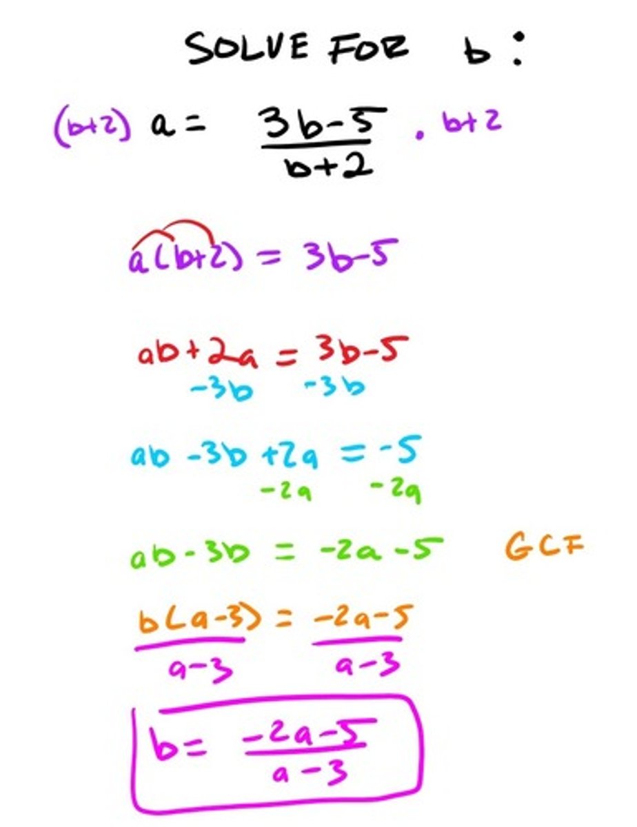 <p>-Get rid of the denominator by multiplying it on both sides-Distribute and get rid of any parentheses-move desired variable to one side (since you've distributed there will be multiply terms including that variable THAT'S OK)-move every other term to the opposite side-your GCF should now be the desired term you are solving for-divide both sides by whatever is now in parentheses</p>
