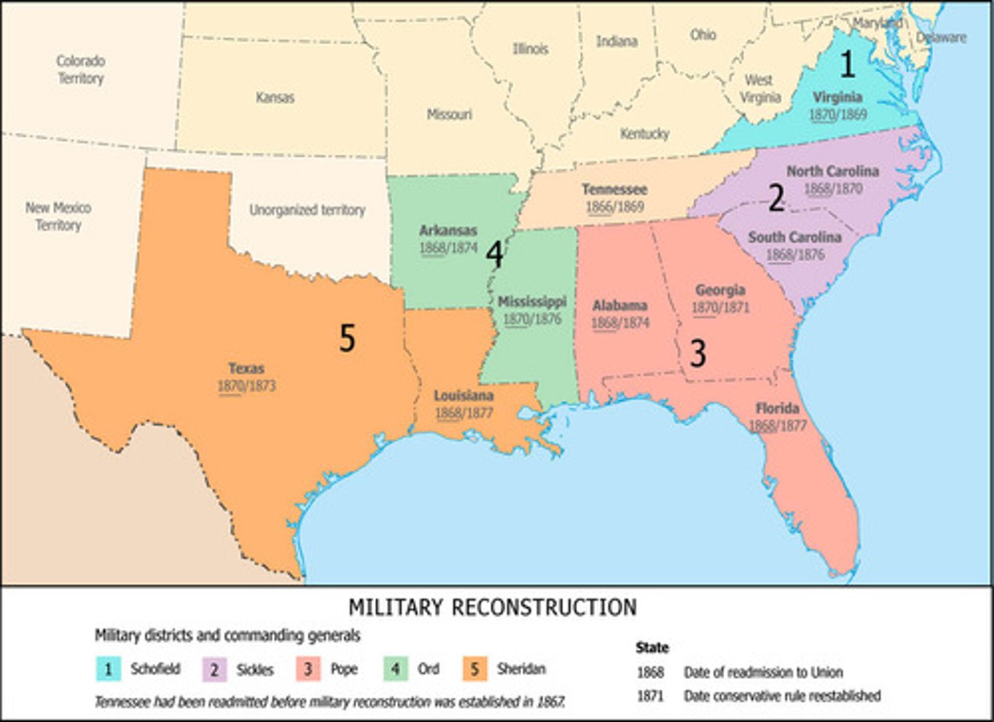 <p>Divided South into military districts; required new constitutions and black suffrage.</p>