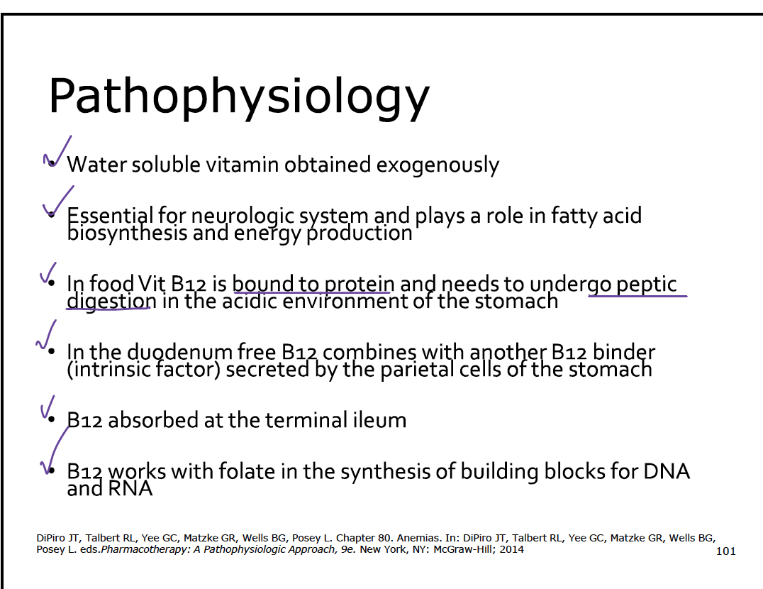 <p>____ Etiology</p><ul><li><p>Inadequate intake → rare</p></li><li><p>Malabsorption → most common</p><ul><li><p>Loss of intrinsic factor</p></li><li><p>GI disorders</p></li><li><p>Competition for B12</p></li><li><p>Drug interactions and effects</p></li></ul></li></ul><ul><li><p>Inadequate utilization</p></li></ul><p></p>