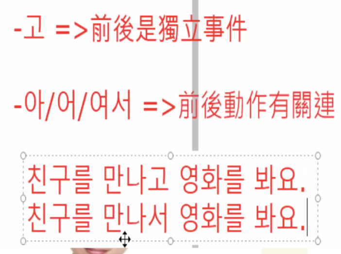 <p>친구를 만나고 영화를 봐요. → 見完친구就走了，沒有一起看영화</p><p>친구를 만나<strong>서</strong> 영화를 봐요. → 見了친구並一起看영화</p>