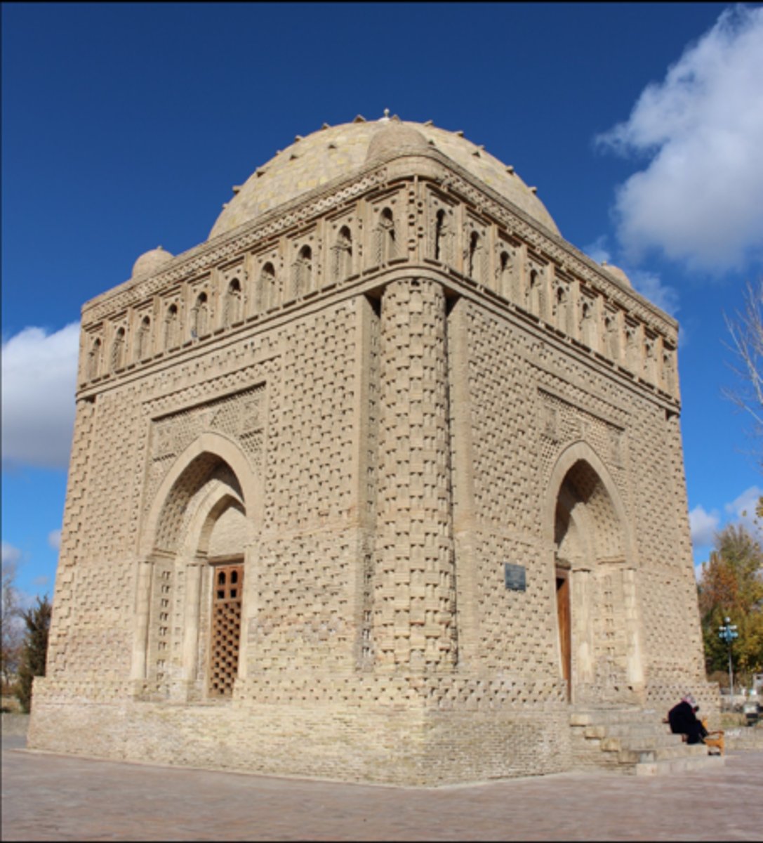 <p>Bukhara; 10th century; Samanids; Tomb</p><ul><li><p>A textile aesthetic is evident, similar to the Kaaba (Hazar-baf)</p></li><li><p><span>Open on all four sides, opposition to Muslim doctrine that opposed tomb building</span></p><ul><li><p><span>Patron could pretend its not an enclosed building, an open air canopy</span></p></li></ul></li><li><p>Architect is said to have mashed elements together but didn’t know how they worked</p></li><li><p>Complex transition zone (square base —&gt; 8-sided drum —&gt; 16-sided band —&gt; round dome)</p></li></ul><p></p>