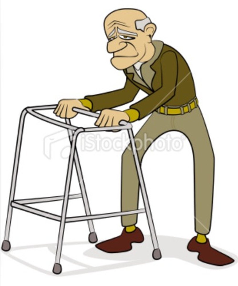 <p>to move slowly and weakly, as if you might fall, especially because of being very old</p>